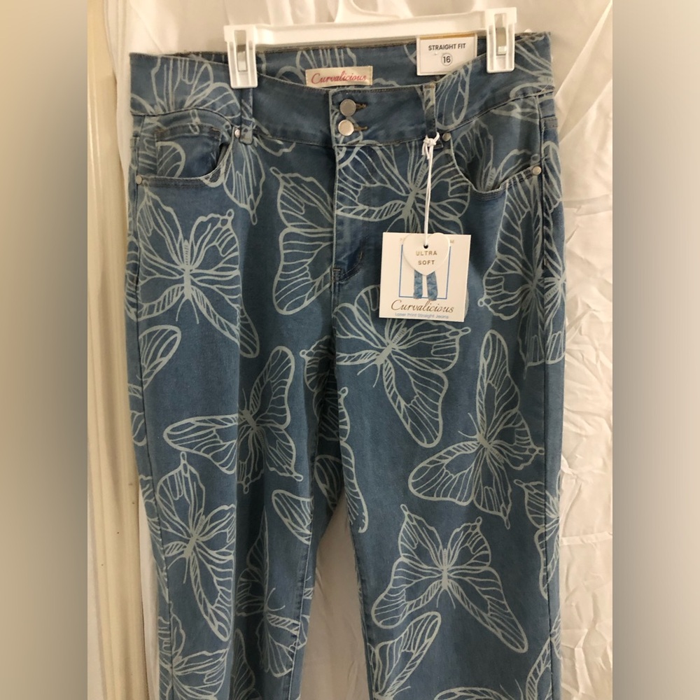 White Butterflies laser print ultra soft stretch straight fit blue jeans size 16 - Picture 9 of 10
